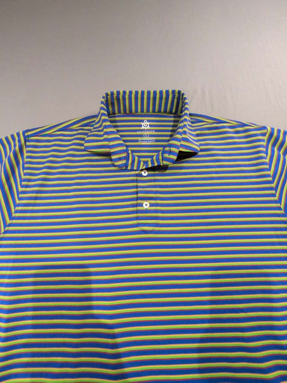 Turtleson Tour Performance Polo Size L Striped Blue Green Golf Shirt Golf